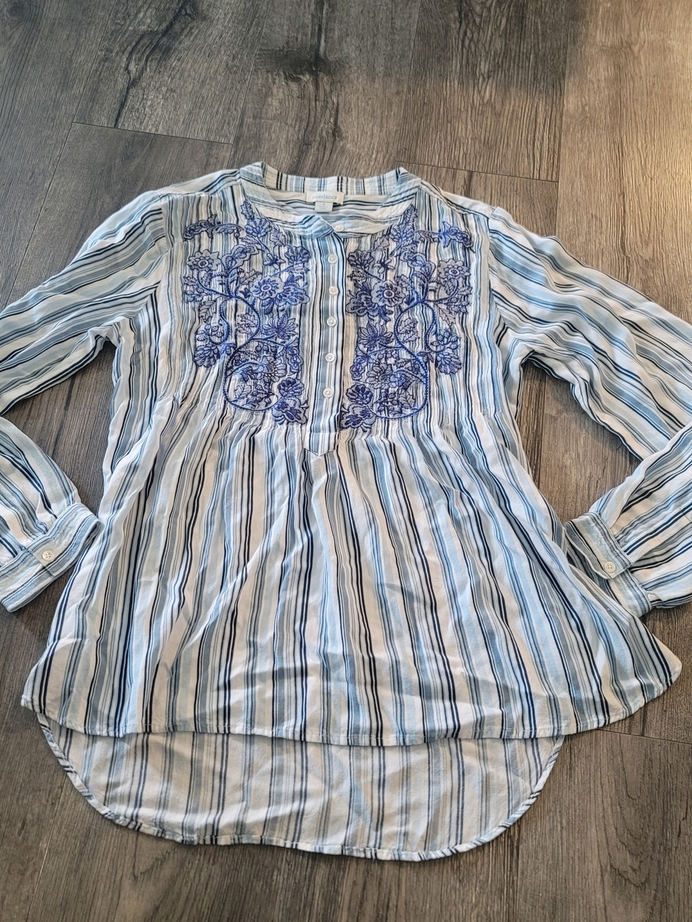 Sundance Blue Striped Tunic with Blue Floral Embroidery